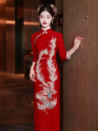 Red Traditional wedding qipao with phoenix embroidery, Chinese bride engagement banquet dress