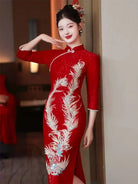 Red Traditional wedding qipao with phoenix embroidery, Chinese bride engagement banquet dress