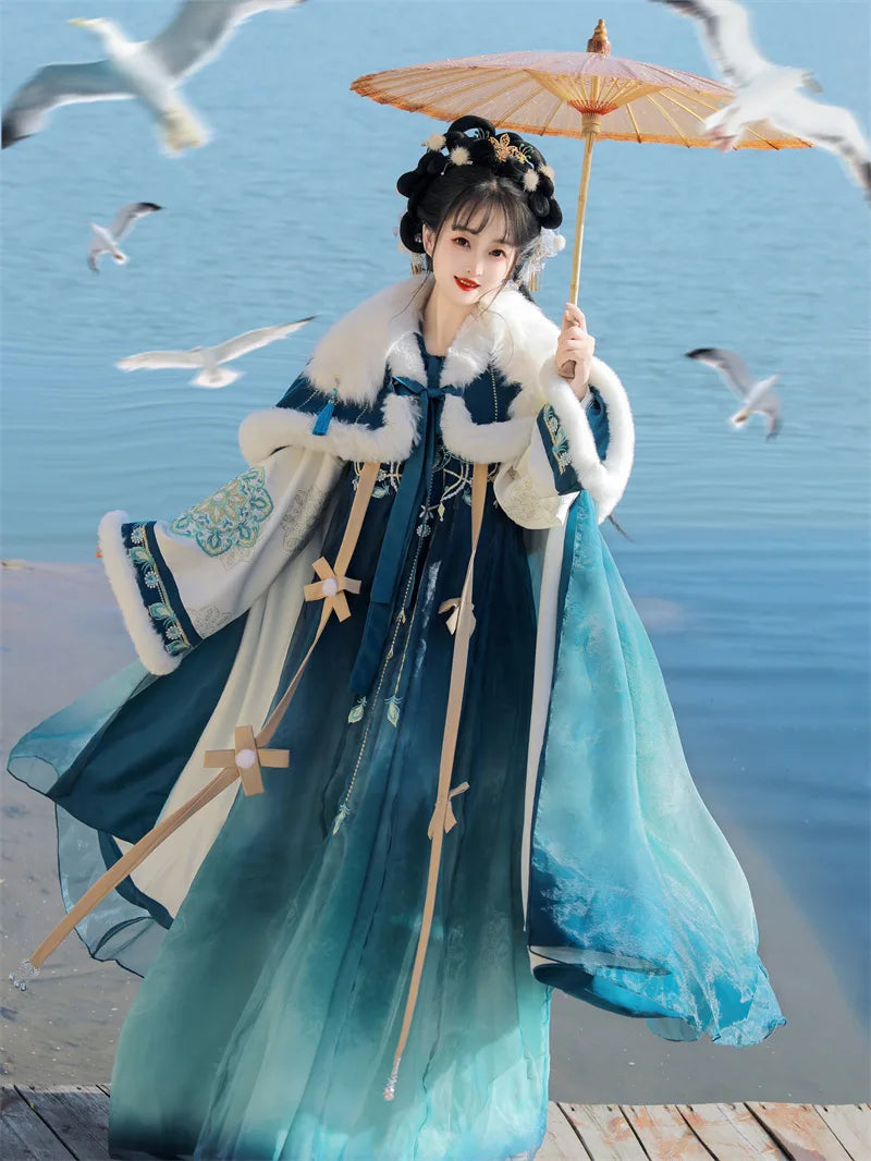 Types of hanfu featuring Tang-style chest-high dress with elegant winter cloak