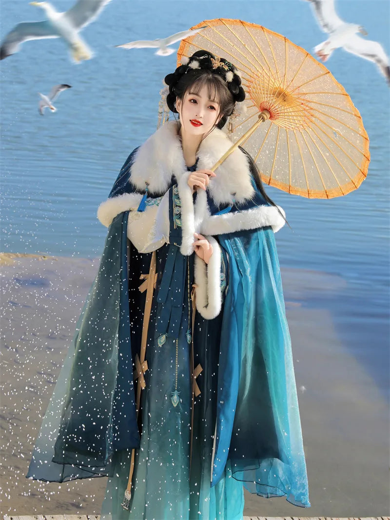 Types of hanfu featuring Tang-style chest-high dress with elegant winter cloak