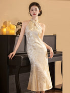 Champagne Halter Neck Velvet Mermaid Qipao with Embroidered Sequin