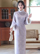 Purple velvet qipao winter dress with thick lining and long sleeves for warm elegant wear