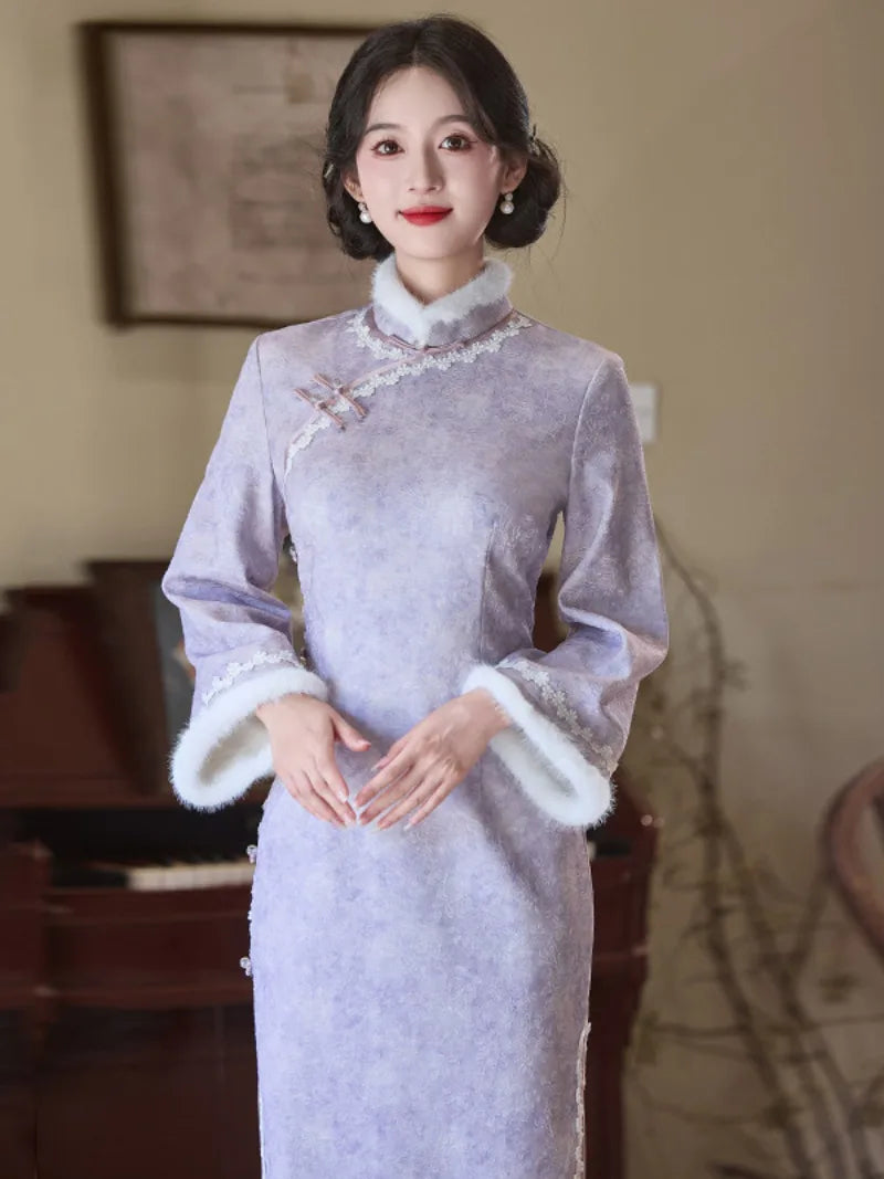 Purple velvet qipao winter dress with thick lining and long sleeves for warm elegant wear