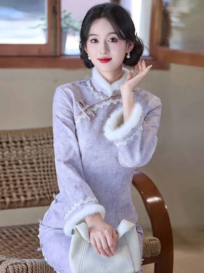 Purple velvet qipao winter dress with thick lining and long sleeves for warm elegant wear