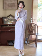 Purple velvet qipao winter dress with thick lining and long sleeves for warm elegant wear