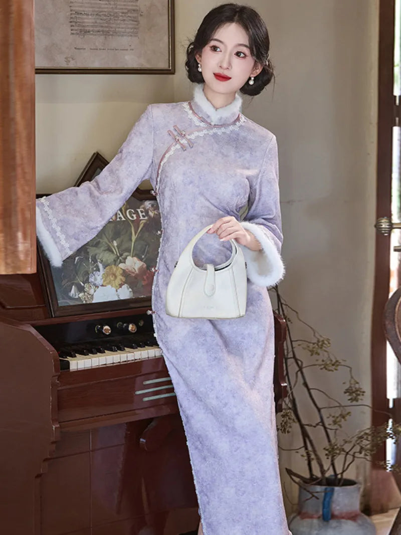 Purple velvet qipao winter dress with thick lining and long sleeves for warm elegant wear