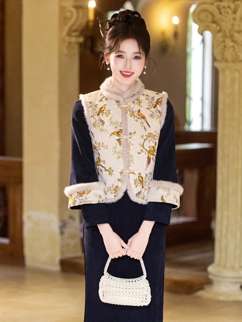 Winter cheongsam dress featuring thickened lining and a stylish vest for warmth and refinement