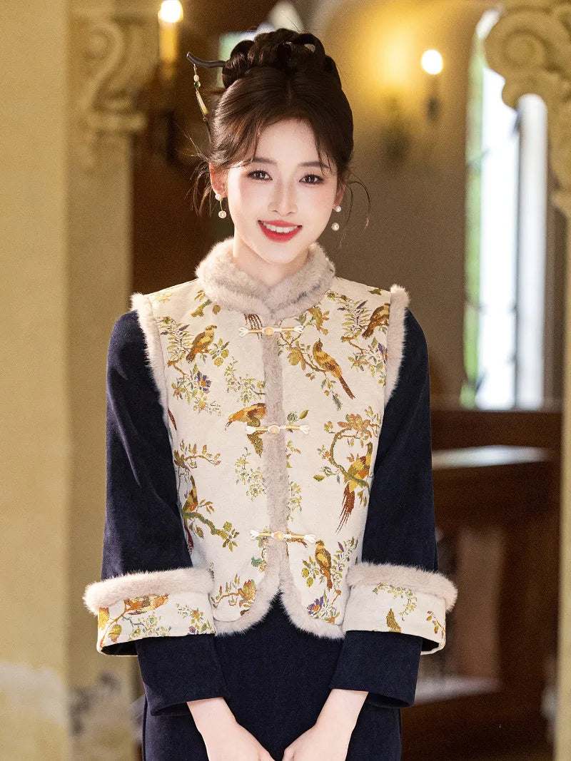 Winter cheongsam dress featuring thickened lining and a stylish vest for warmth and refinement