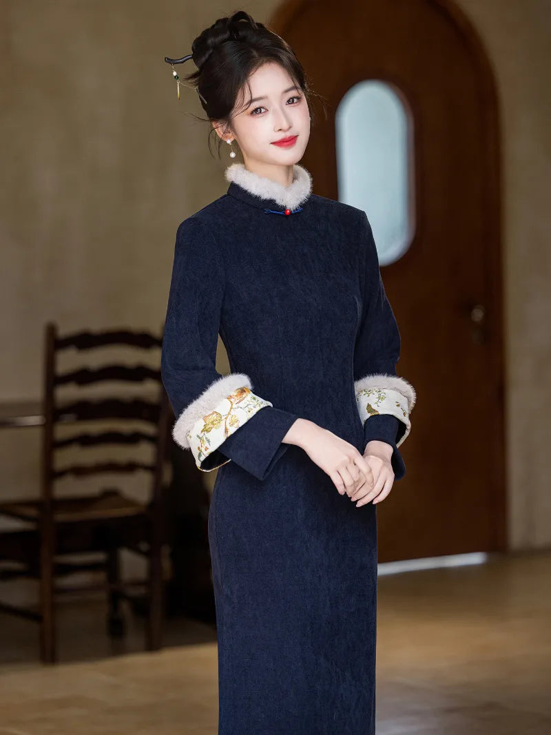 Winter cheongsam dress featuring thickened lining and a stylish vest for warmth and refinement