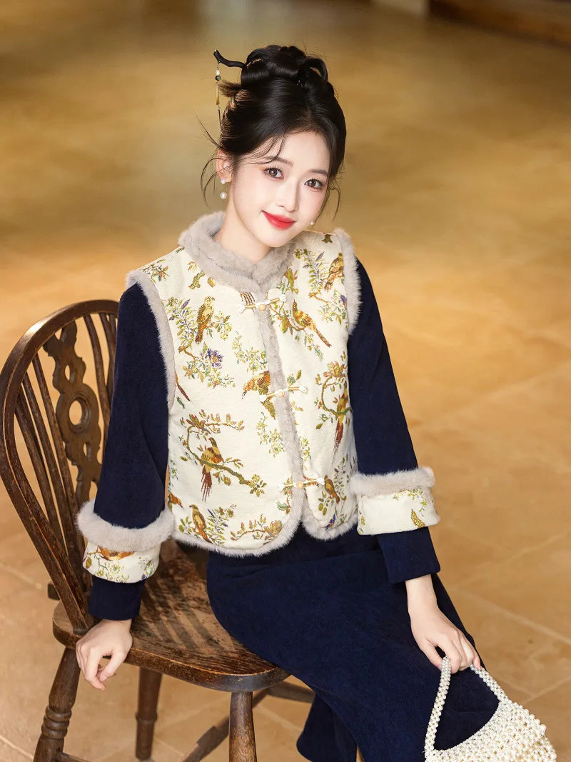 Winter cheongsam dress featuring thickened lining and a stylish vest for warmth and refinement