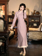 Elegant warm Chinese qipao winter set in purple with fleece lining and slim waist design