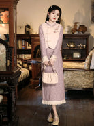 Elegant warm Chinese qipao winter set in purple with fleece lining and slim waist design
