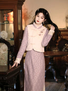 Elegant warm Chinese qipao winter set in purple with fleece lining and slim waist design