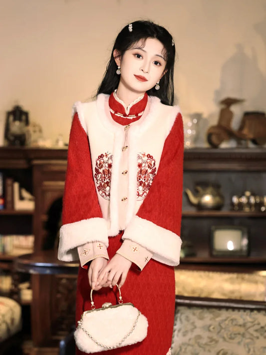 Warm Chinese Qipao Winter Set | Red Thickened Vest Dress