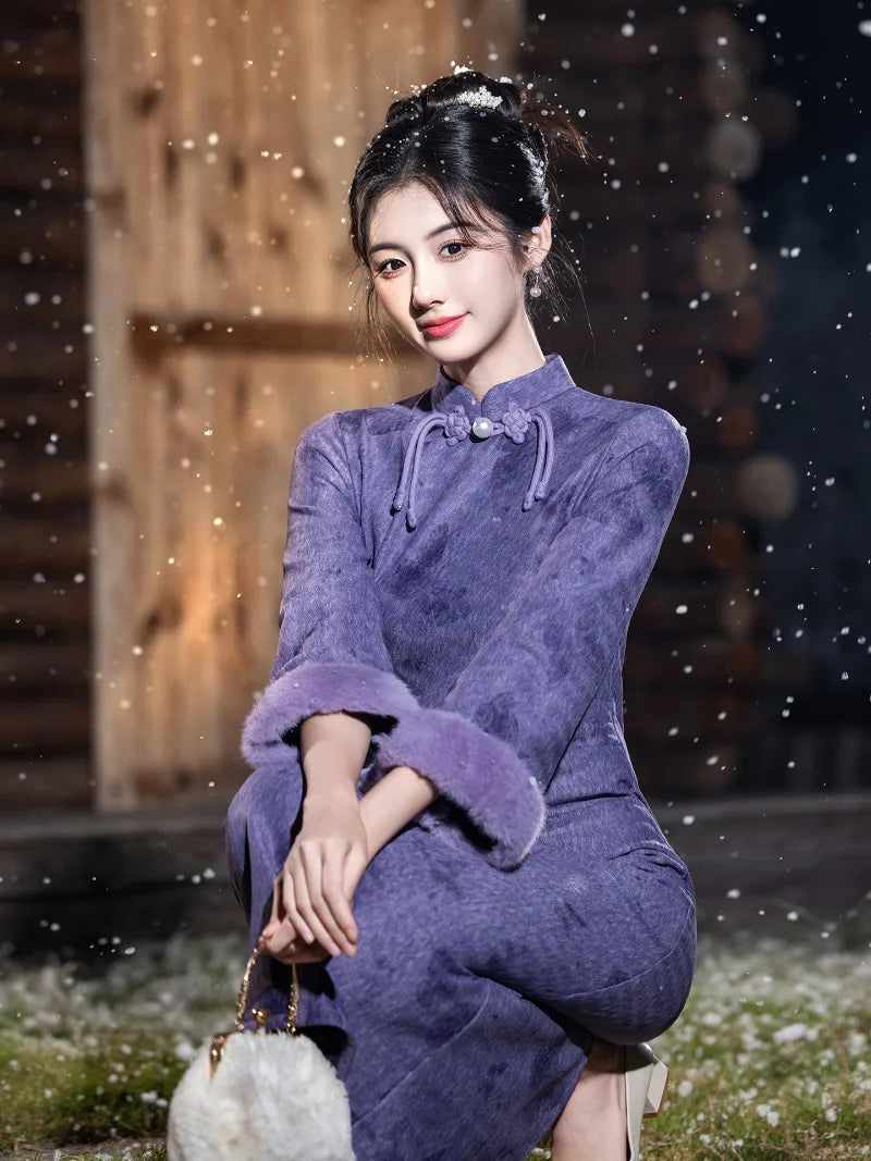 Fleece-lined warm winter cheongsam featuring a classic stand collar and waist-sculpting silhouette