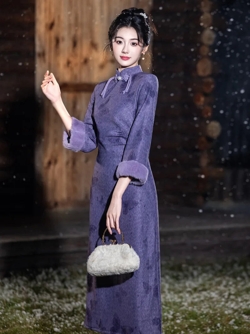 Fleece-lined warm winter cheongsam featuring a classic stand collar and waist-sculpting silhouette