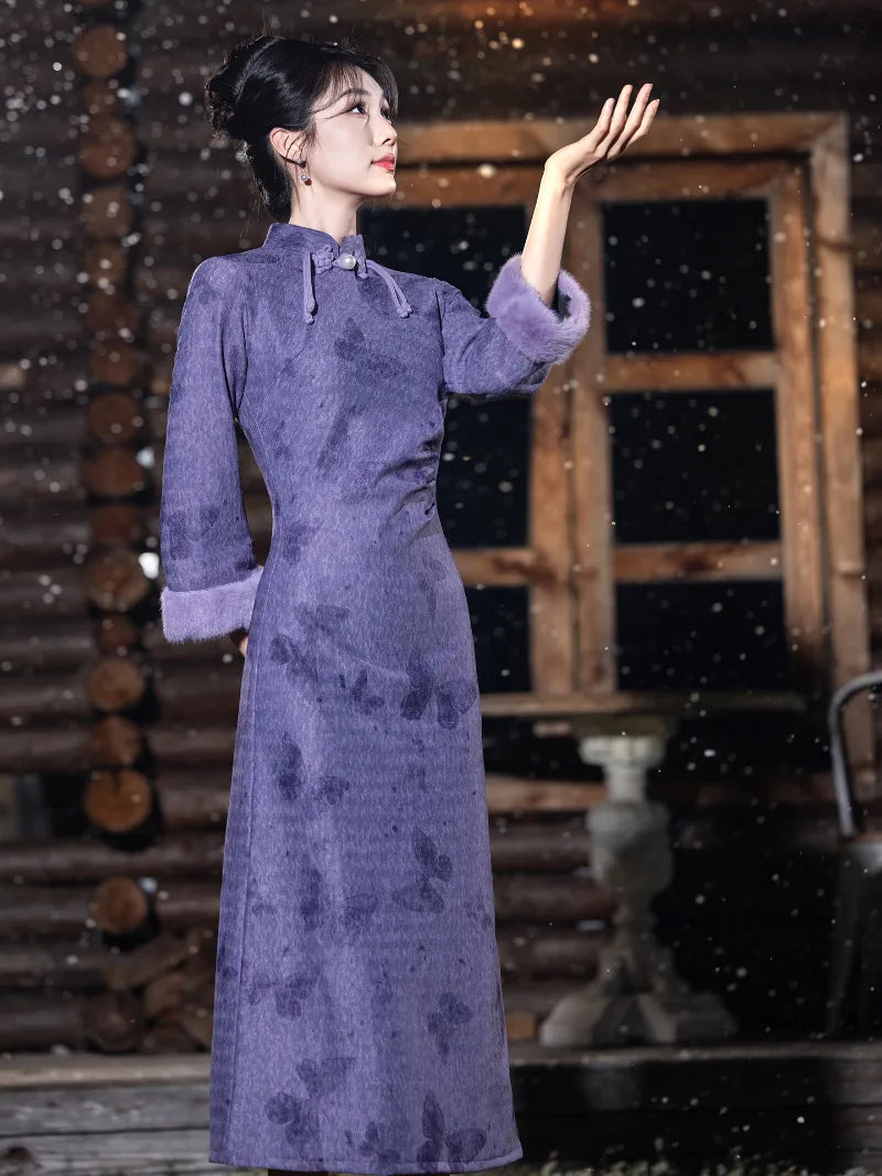 Fleece-lined warm winter cheongsam featuring a classic stand collar and waist-sculpting silhouette