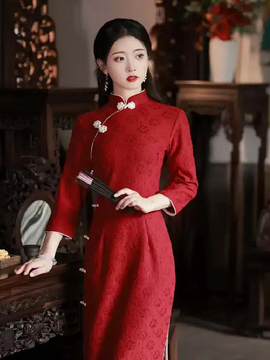 Wedding Chinese Qipao Red | Long Sleeve Lace Bridal Dress for Autumn