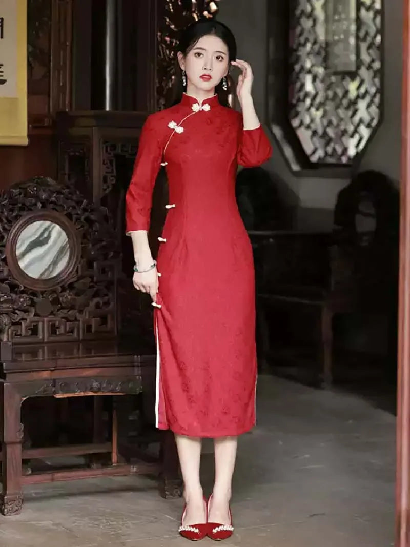 Wedding Chinese Qipao Red | Long Sleeve Lace Bridal Dress for Autumn