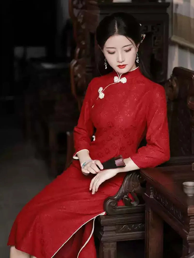 Wedding Chinese Qipao Red | Long Sleeve Lace Bridal Dress for Autumn