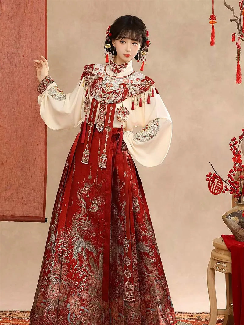Wedding hanfu red mamian skirt set for marriage, engagement, and festive celebrations