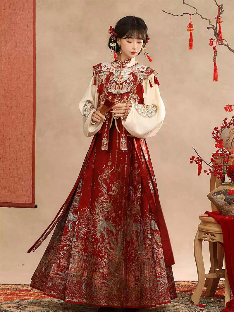 Wedding hanfu red mamian skirt set for marriage, engagement, and festive celebrations