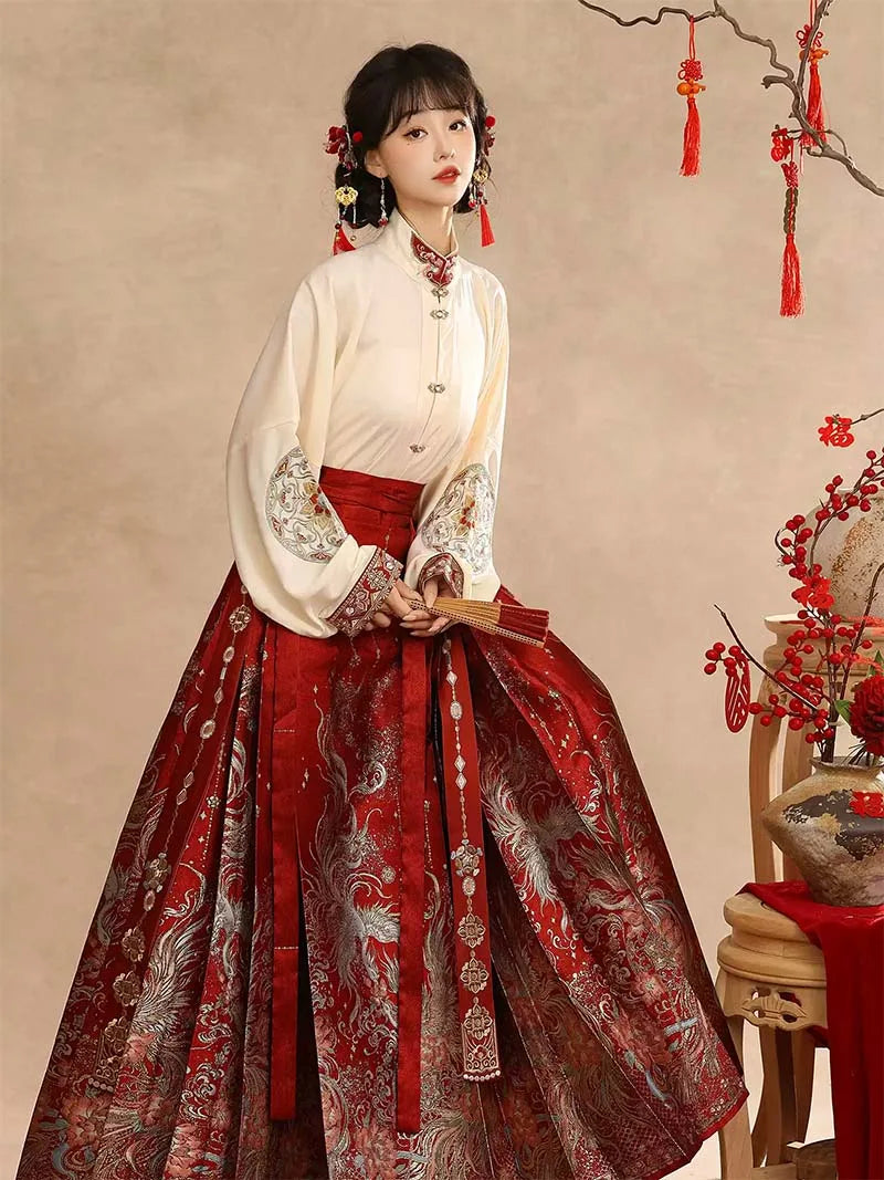Wedding hanfu red mamian skirt set for marriage, engagement, and festive celebrations