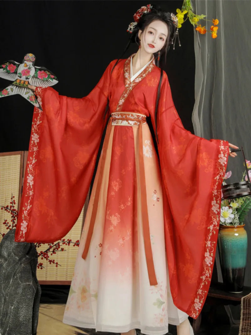 Wei Jin clothing embroidered cross-collar wide-sleeve waist skirt Hanfu dress for women