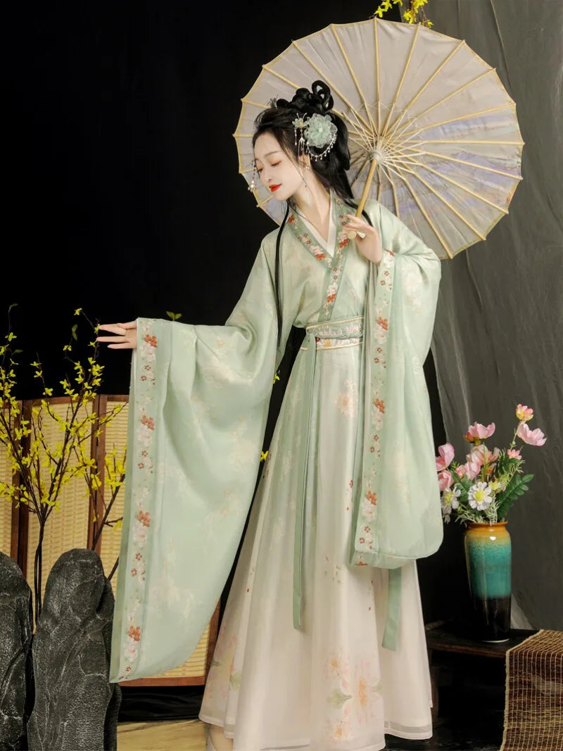 Wei Jin clothing embroidered cross-collar wide-sleeve waist skirt Hanfu dress for women