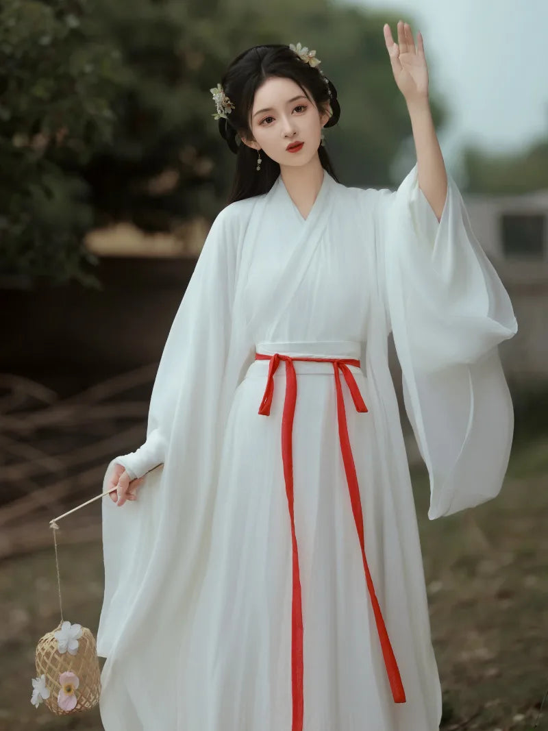 elegant white china dress traditional hanfu style with wide sleeves winter outfit