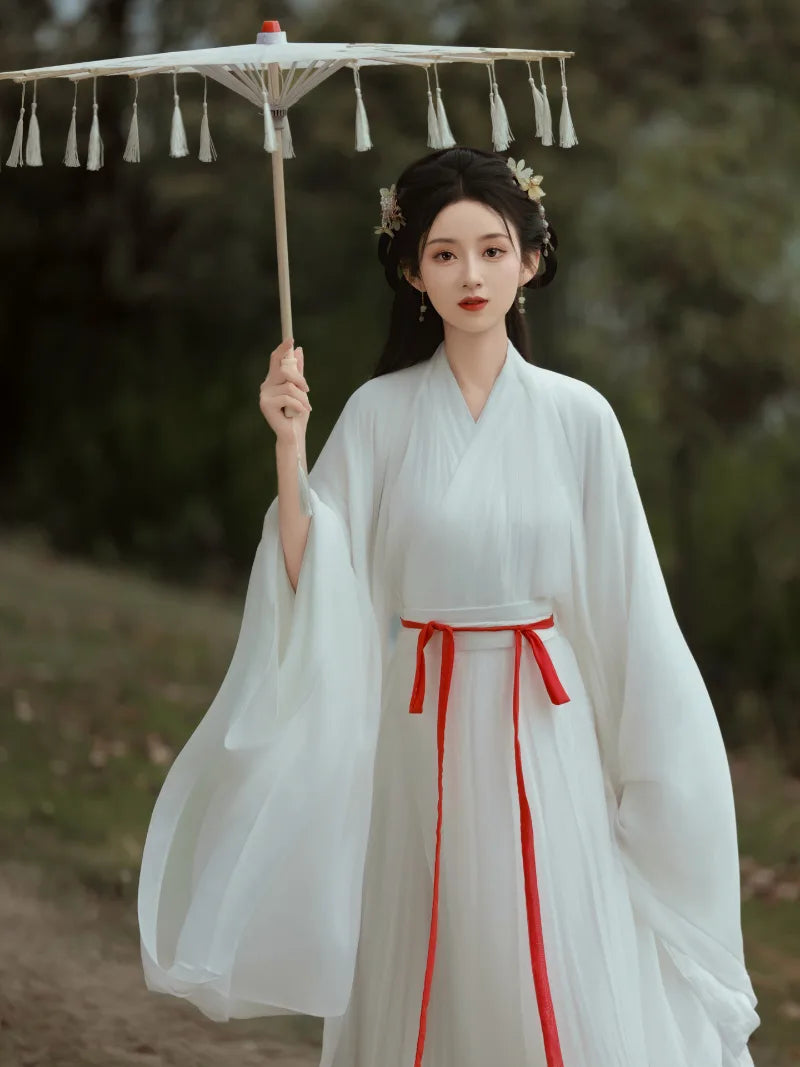 elegant white china dress traditional hanfu style with wide sleeves winter outfit
