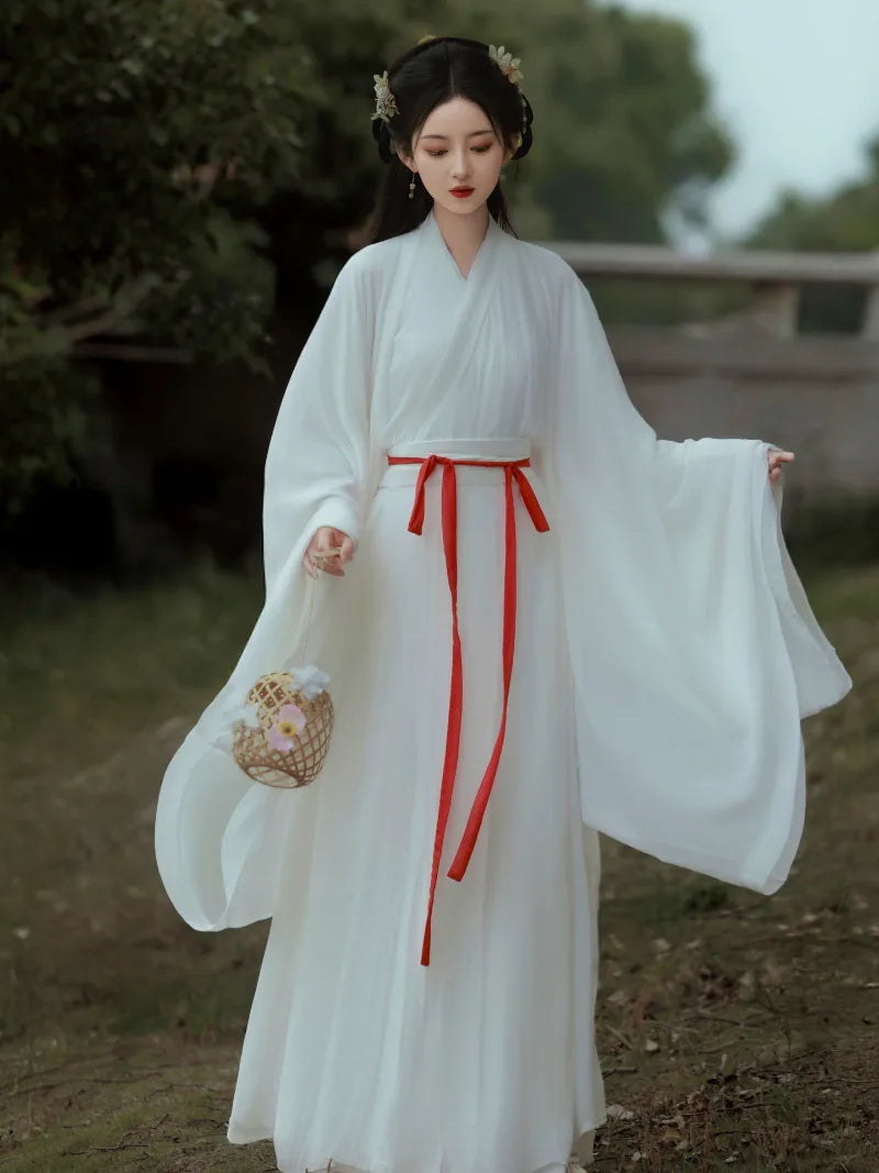elegant white china dress traditional hanfu style with wide sleeves winter outfit