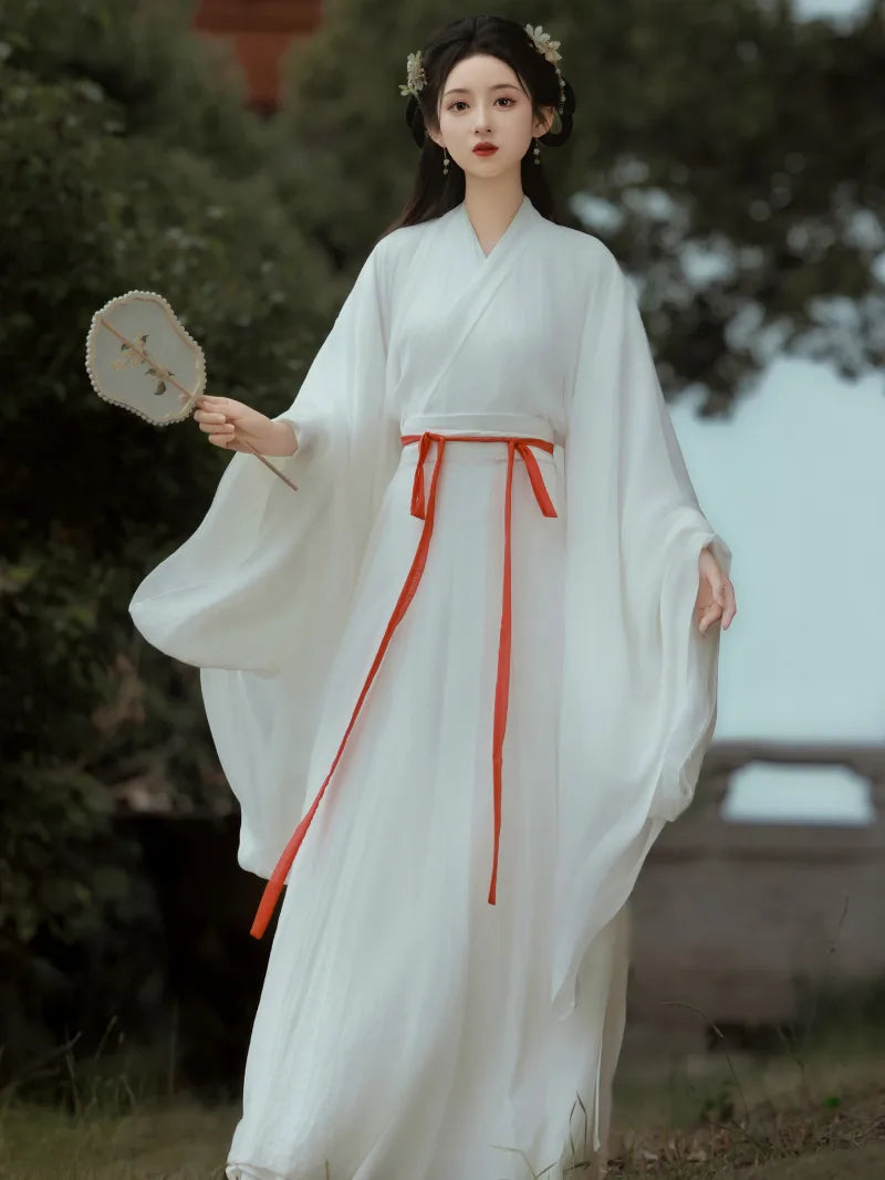 elegant white china dress traditional hanfu style with wide sleeves winter outfit