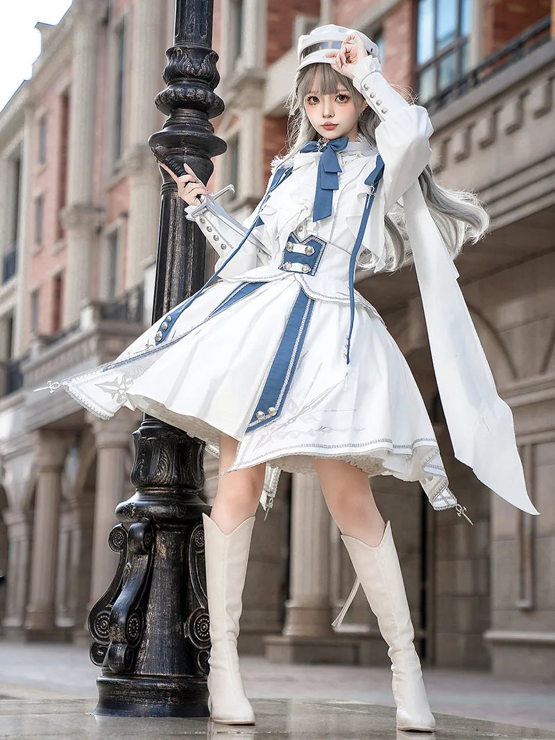 White Lolita dress with knight military punk style shirt and SK skirt set