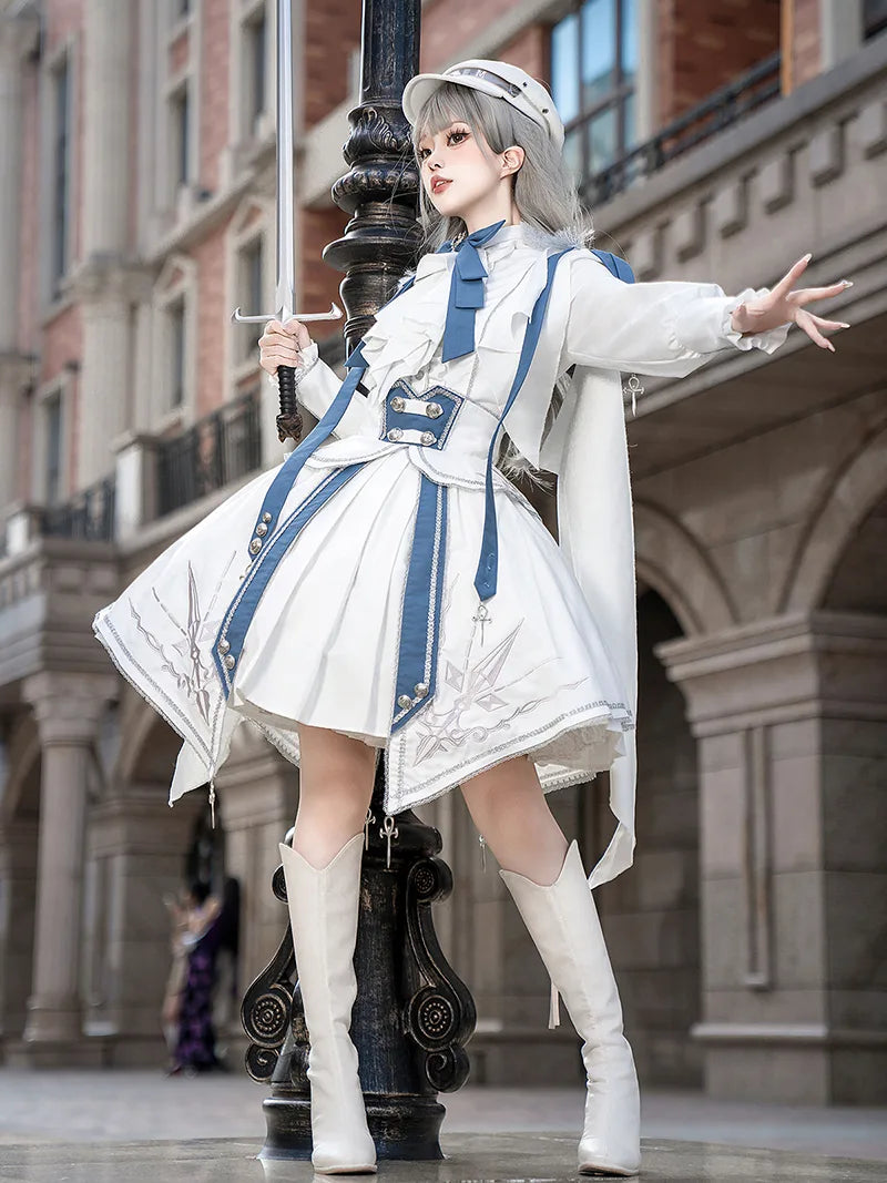 White Lolita dress with knight military punk style shirt and SK skirt set