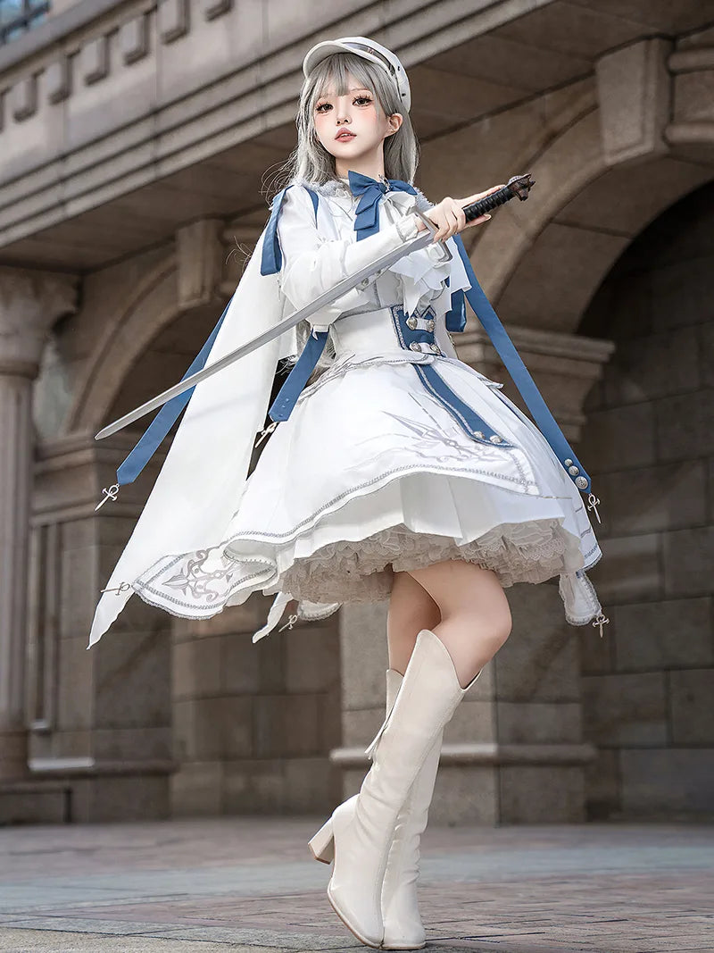 White Lolita dress with knight military punk style shirt and SK skirt set