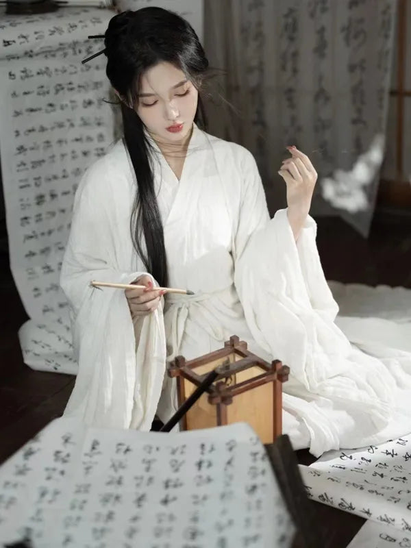 Traditional Asian Dress White Cotton Linen Hanfu