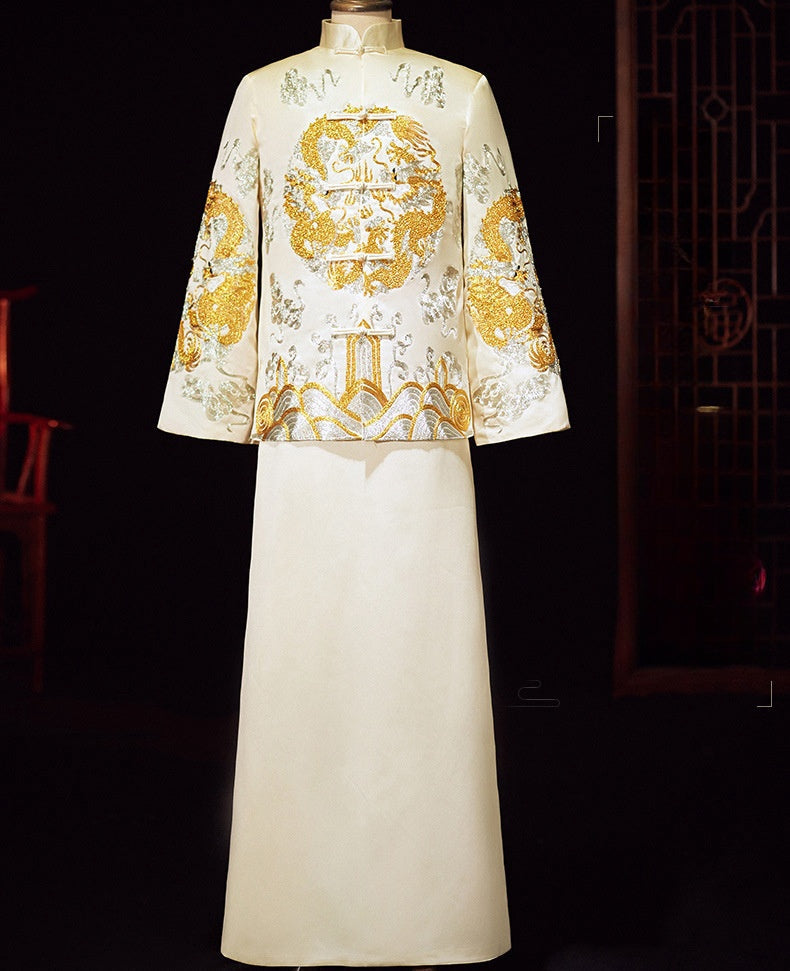 Ivory White and Gold Groom Wedding  Dragon Tang Jacket Set