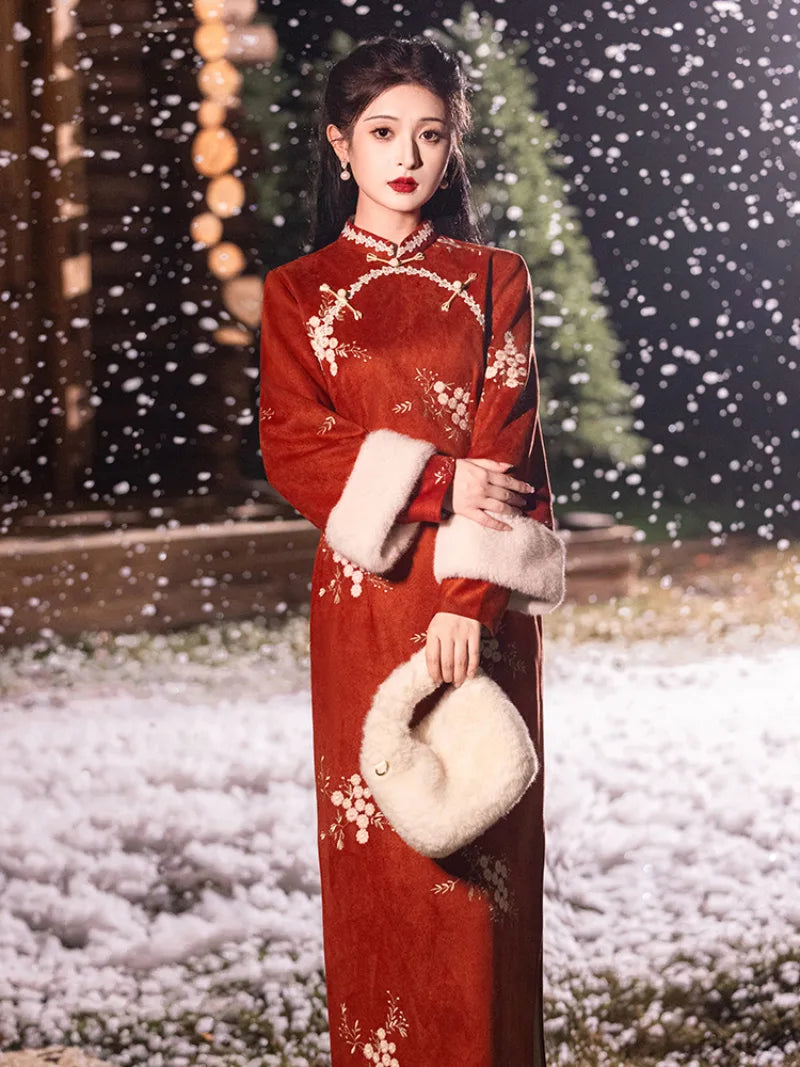Graceful Winter Cheongsam Dress | Warm Embroidered Qipao