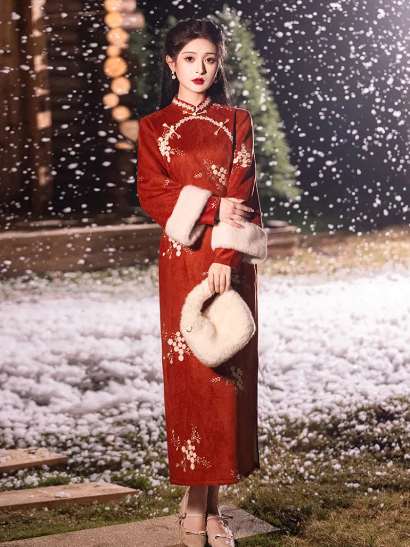 Graceful Winter Cheongsam Dress | Warm Embroidered Qipao