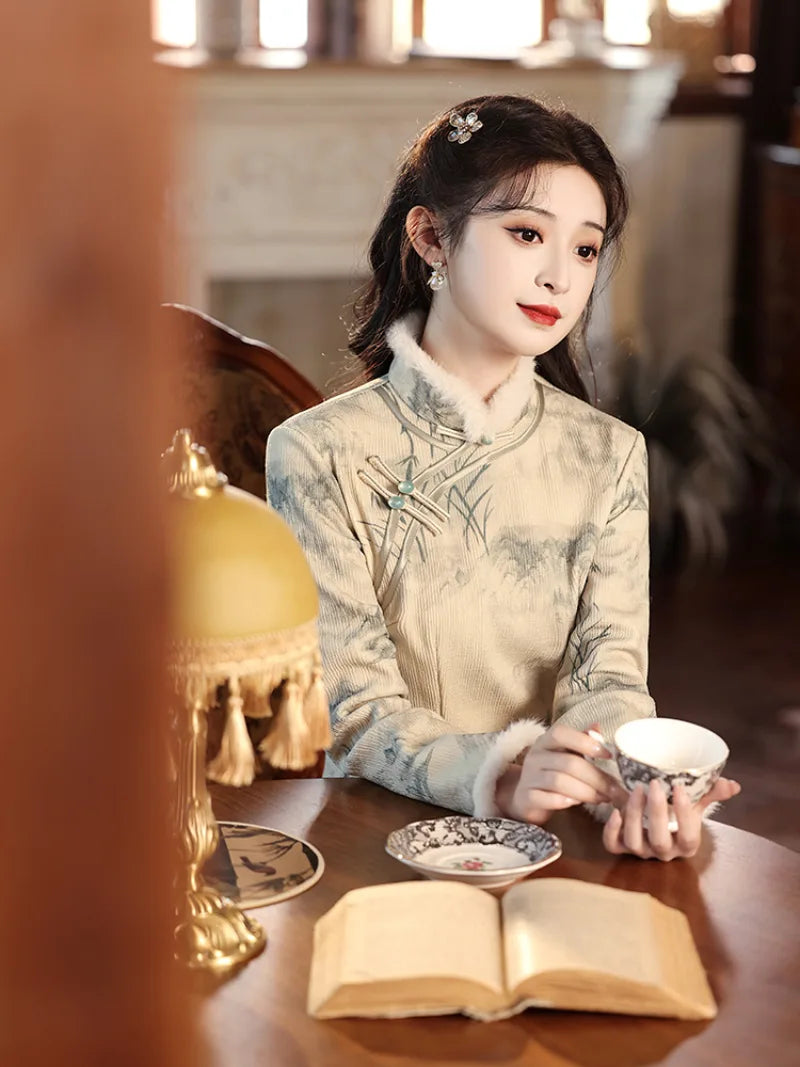 Warm winter qipao dress with long sleeves, fleece lining and refined standing collar in Chinese ink painting style