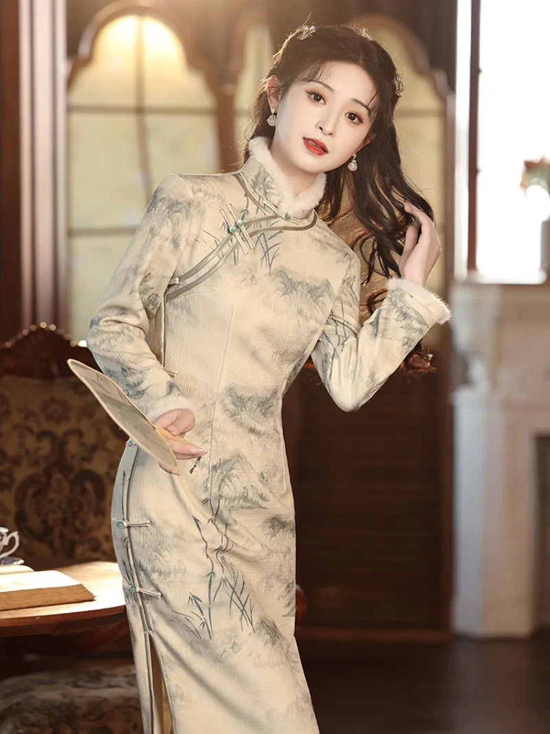Warm winter qipao dress with long sleeves, fleece lining and refined standing collar in Chinese ink painting style