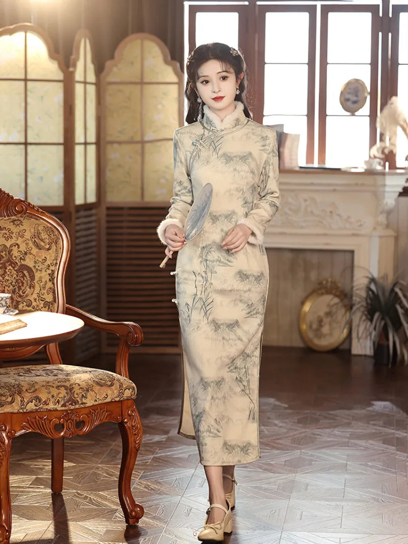 Warm winter qipao dress with long sleeves, fleece lining and refined standing collar in Chinese ink painting style