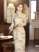 Warm winter qipao dress with long sleeves, fleece lining and refined standing collar in Chinese ink painting style