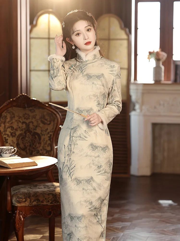 Warm winter qipao dress with long sleeves, fleece lining and refined standing collar in Chinese ink painting style