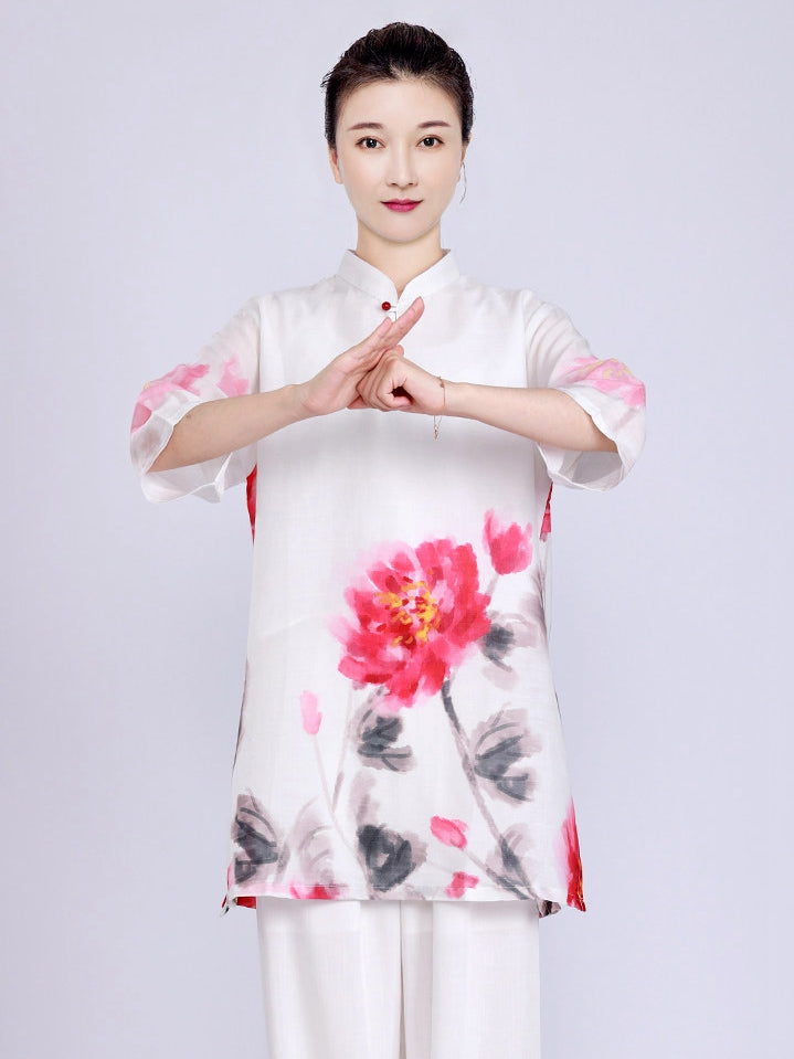 Women’s Summer Tai Chi Suit – White Ramie Peony Top or Set