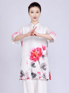 Women’s Summer Tai Chi Suit – White Ramie Peony Top or Set