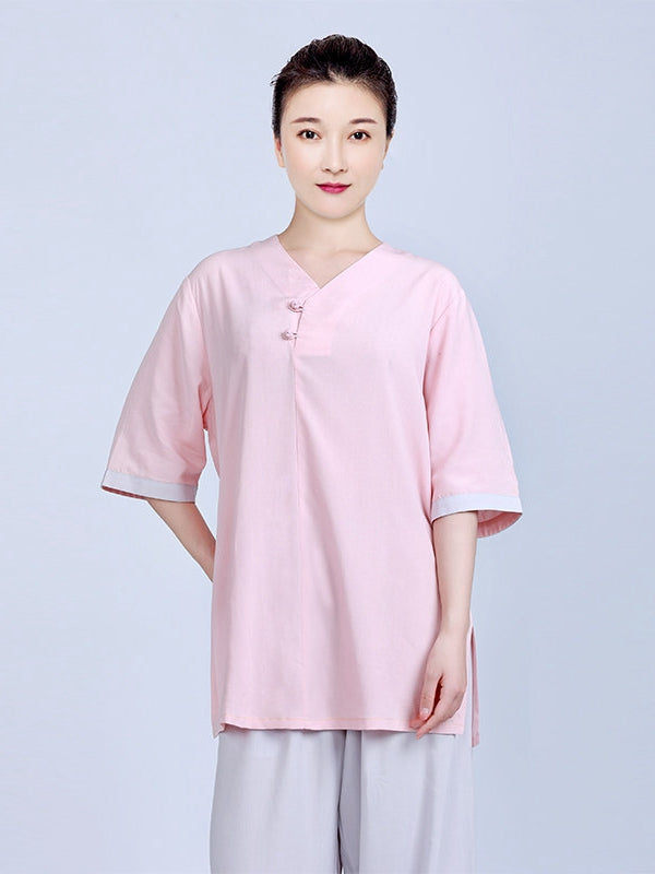 Women’s Tai Chi Training Suit – Pink Cotton-Linen Summer Set