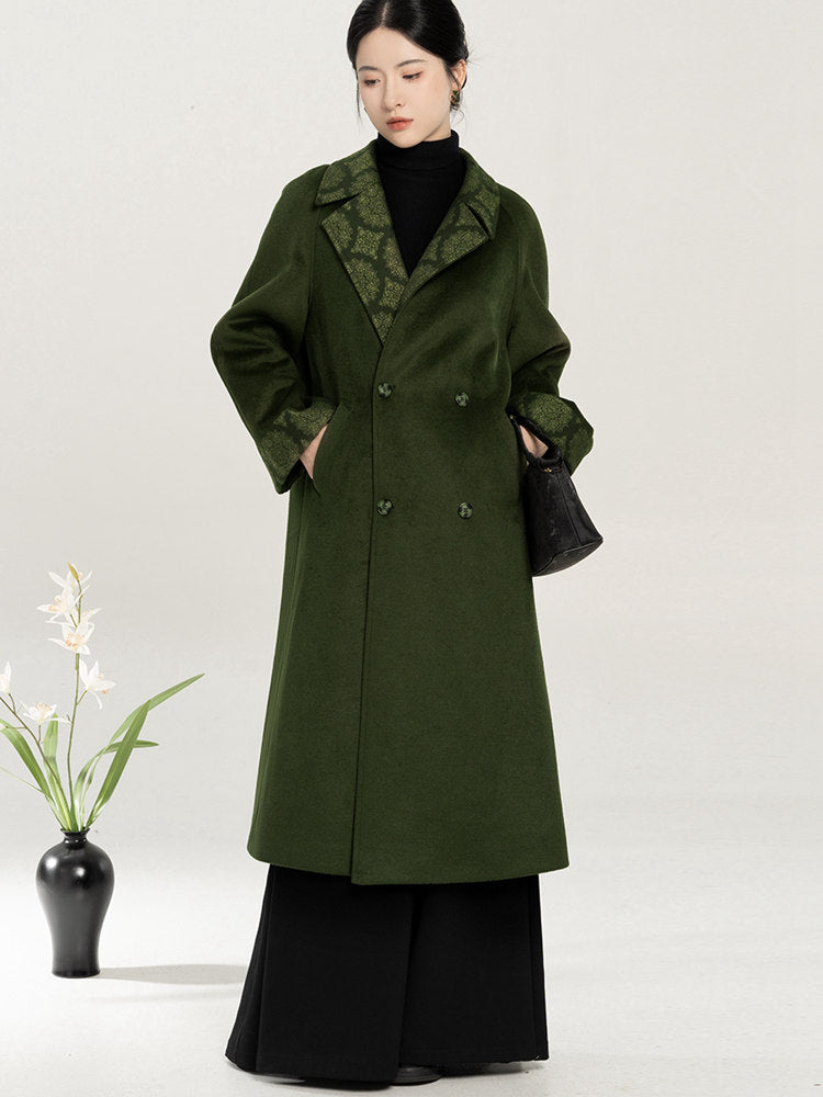 Moss Green Wool Blend Chinese Coat, Song Pants & Knit Top
