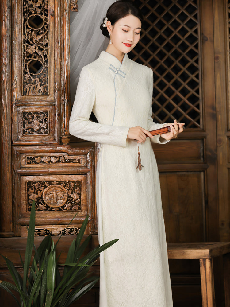 Zen Hanfu Dress Lightweight Wool-Blend Jacquard Long Dress